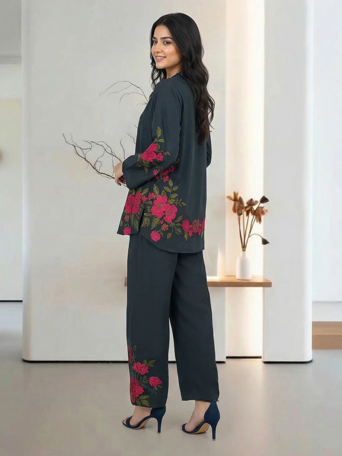 The Black Blossom Grip Co-ord Set- Embroidered