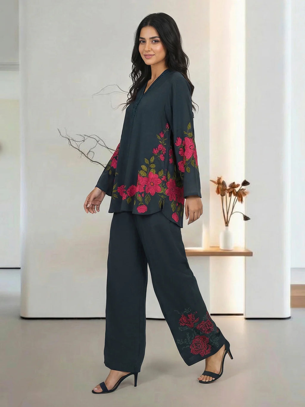 The Black Blossom Grip Co-ord Set- Embroidered