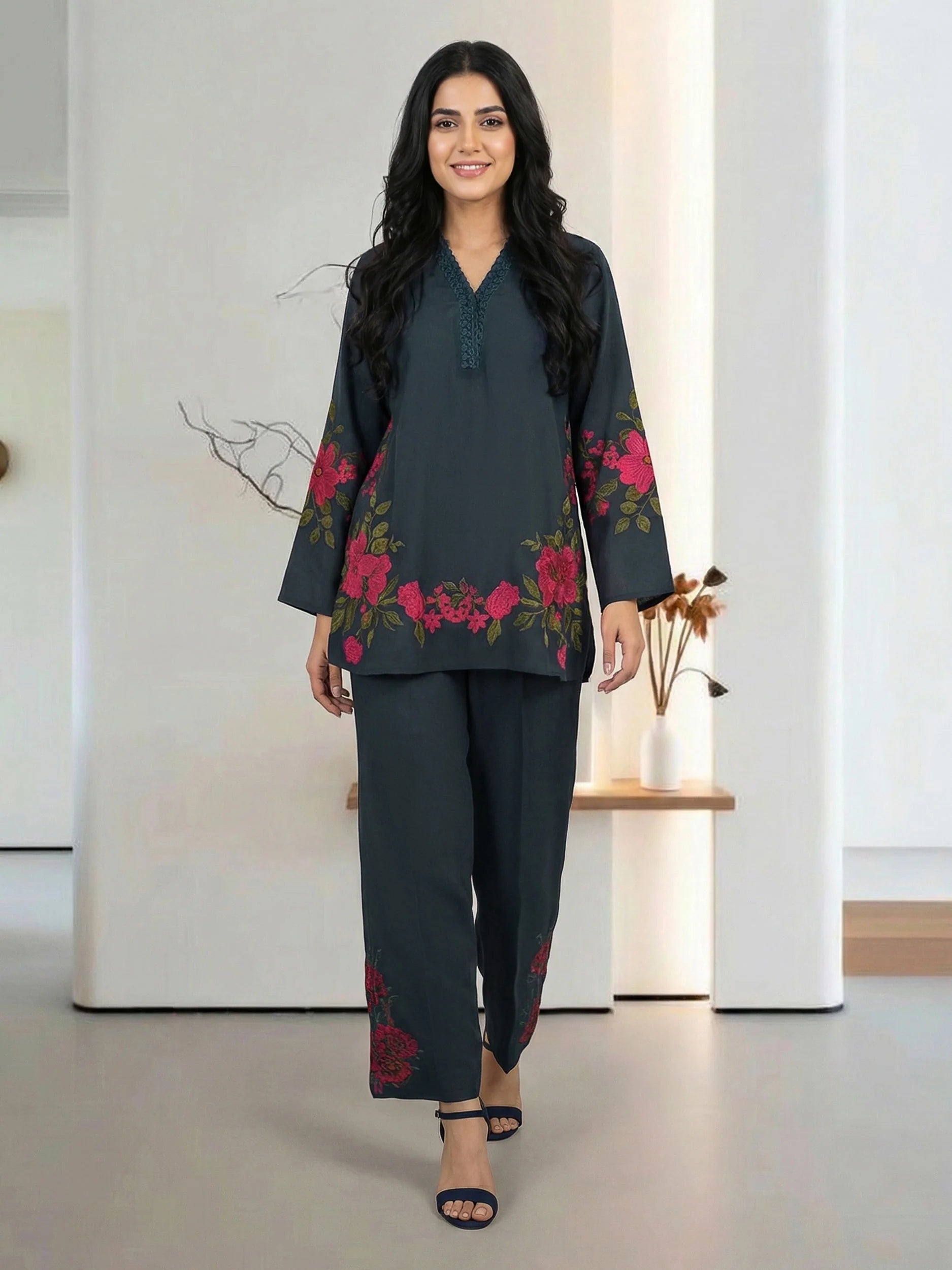 The Black Blossom Grip Co-ord Set- Embroidered
