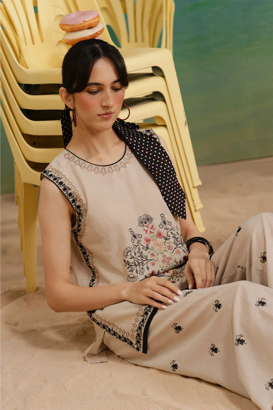 2 PIECE EMBROIDERED CHAMBRAY SUIT (FLOW)